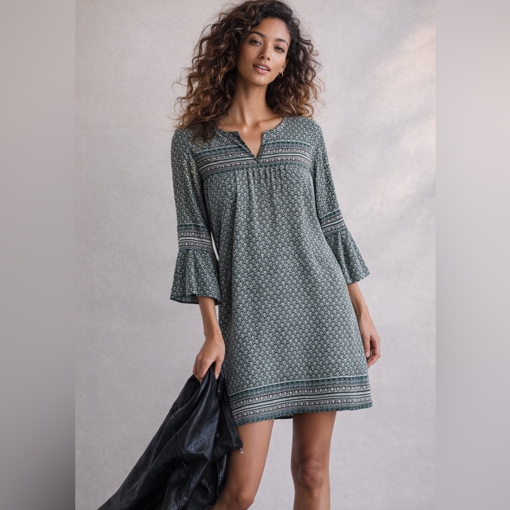 Madewell Green and Cream Silk  Printed Tunic Dress